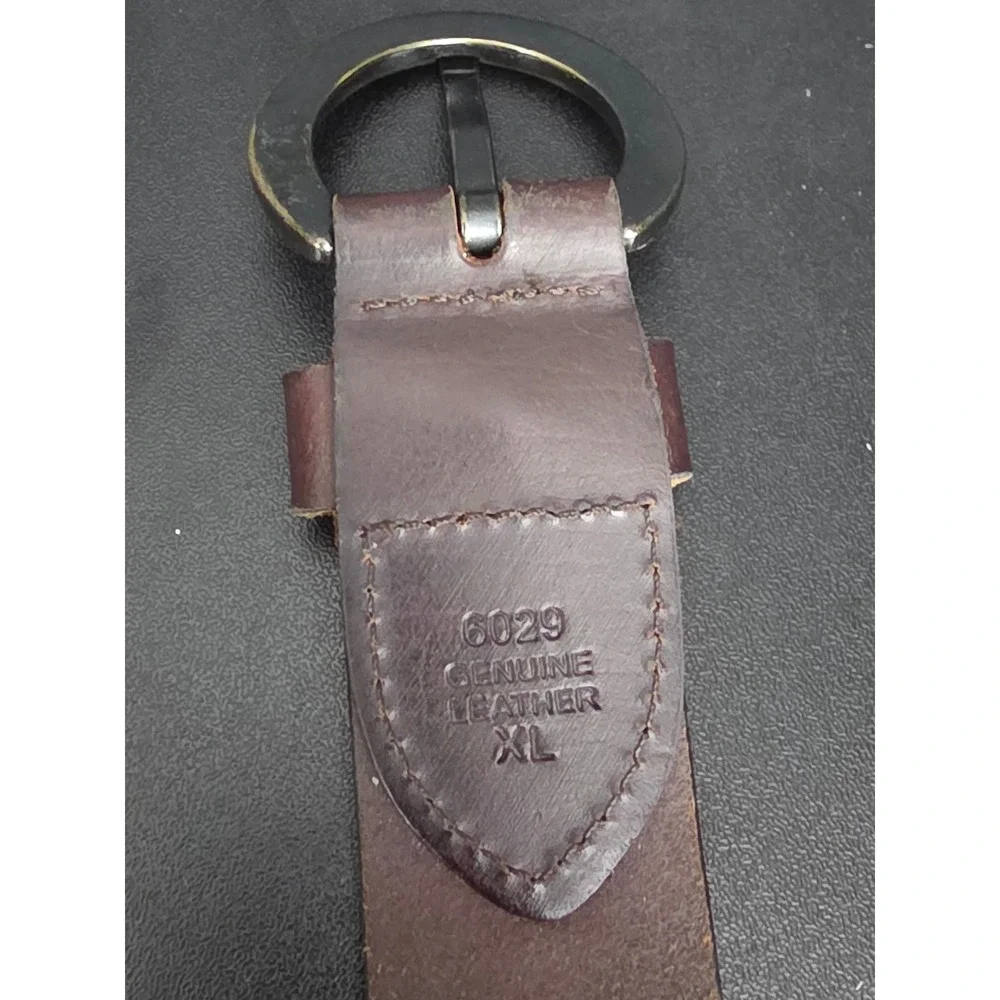 Brown Leather Belt XL Extra Large Cutout Floral Design Round Buckle Women HIppie